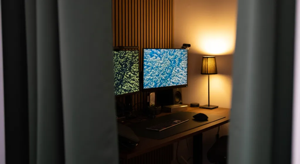 The Sister Slate edit suite: two monitors and a lamp, seen through the curtain